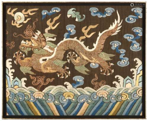 A PAIR OF CHINESE EMBROIDERED 'DRAGON' PANELS. Late Qing Dynasty. Each embroidered to depict a five