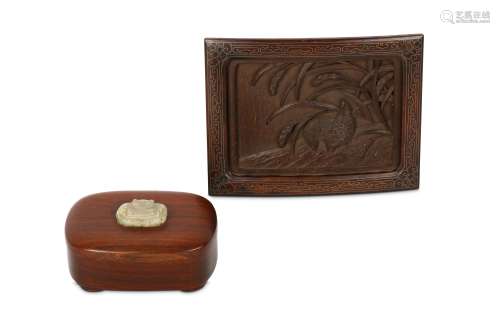 A CHINESE WOODEN BOX AND COVER WITH INSET JADE PANEL, TOGETHER WITH A WOODEN PANEL. 19th / early