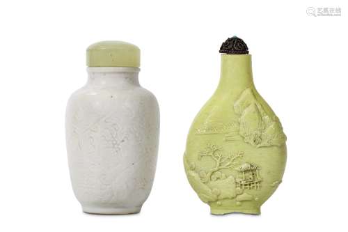 A CHINESE INCISED WHITE ‘LOTUS FLOWER’ SNUFF BOTTLE AND YELLOW-GLAZED BISCUIT ‘LANDSCAPE’ BOTTLE.