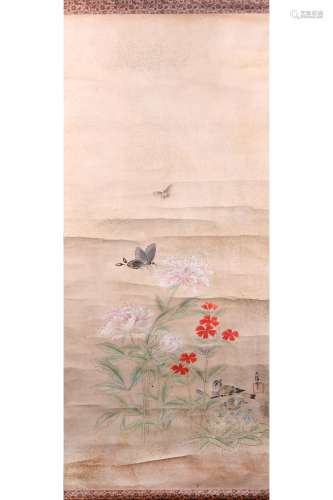 A JAPANESE HANGING SCROLL. 19th Century. Painted in ink and colour on paper, depicting sparrows