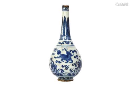 A CHINESE BLUE AND WHITE PEAR SHAPED VASE. The globular body rising to a tall neck narrowing to the