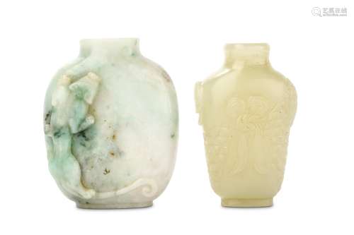 TWO CHINESE JADE SNUFF BOTTLES. 19th / 20th Century. One of rounded rectangular form with a chi