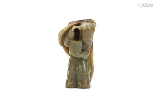 A CHINESE JADE CARVING OF ZHOU TANZI. Qing Dynasty, 18th Century. The figure standing with a bucket