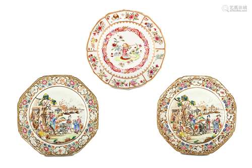 THREECHINESE FAMILLE ROSE DISHES. Qing Dynasty, Qianlong era. Comprising a pair of octagonal