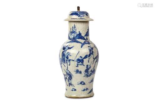 A CHINESE BLUE AND WHITE ‘WARRIORS’ VASE WITH COVER. Qing Dynasty, 19th Century. Of baluster form