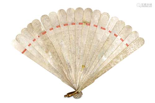 A CHINESE MOTHER-OF-PEARL FOLDING FAN. Qing Dynasty, 19th Century. Originally incised across the