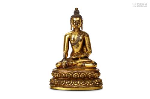 A CHINESE GILT BRONZE FIGURE OF BUDDHA. Qing Dynasty. Cast seated in dhyanasana on a double lotus
