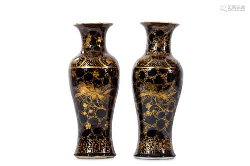 A PAIR OF CHINESE GILT-DECORATED MIRROR BLACK VASES. Qing Dynasty. Of baluster form, decorated