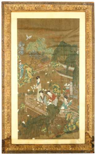 A CHINESE PAINTING OF LADIES IN A GARDEN. Ink and colour on silk, framed and glazed, 79 x 40cm.