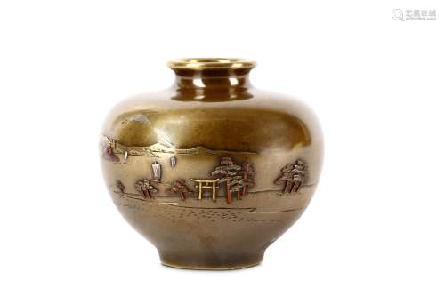 A JAPANESE SENTOKU VASE BY INOUE. Meiji period. A small global form, chiselled and inlaid in silver,