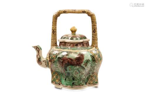 A CHINESE FAMILLE VERTE 'HORSES' WINE POT AND COVER. Qing Dynasty, Kangxi era. Of quatrefoil