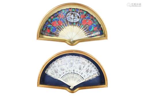 TWO CHINESE FANS WITH BONE LEAVES. 19th Century. Framed and glazed, 24cm wide, 40cm long. 25cm