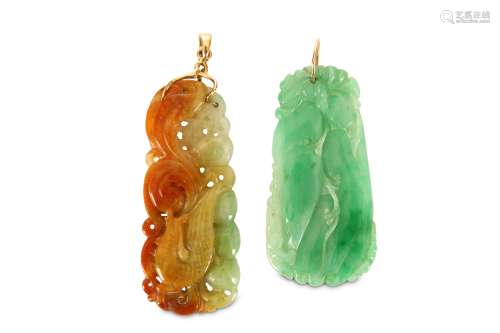 TWO CHINESE JADEITE PENDANTS. 20th Century. One carved as a squirrel clambering over fruits borne
