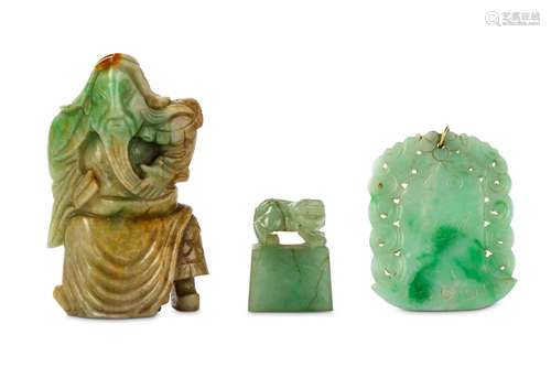 THREE CHINESE JADEITE ITEMS. 19th / 20th Century. Comprising a seated figure of Guandi in long