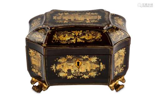 A CHINESE GILT-DECORATED BLACK LACQUER TEA CADDY. Qing Dynasty, 19th Century. Of octagonal form,