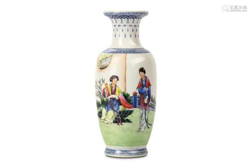 A CHINESE FAMILLE ROSE FIGURATIVE VASE AND DISH. 20th Century. Each decorated with figurative