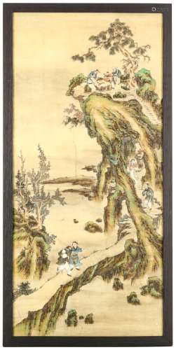 A CHINESE PAINTING OF FIGURES IN A LANDSCAPE. Ink and colour on silk, framed and glazed, 41 x 90cm.