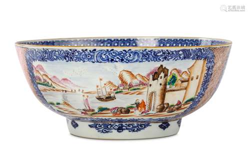 A CHINESE FAMILLE ROSE ENAMELLED BLUE AND WHITE PUNCH BOWL. Qing Dynasty, Qianlong era. Decorated