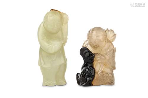 AN CHINESE AGATE CARVING OF A BOY AND A JADE CARVING OF A BOY. Qing Dynasty. The jade carving of a