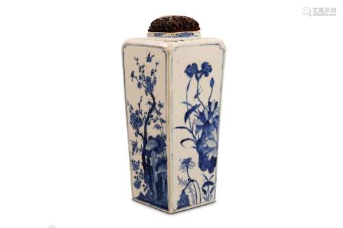 A BLUE AND WHITE ‘BIRD AND FLOWERS’ SQUARE VASE. Qing Dynasty, Kangxi era. Of square section, the