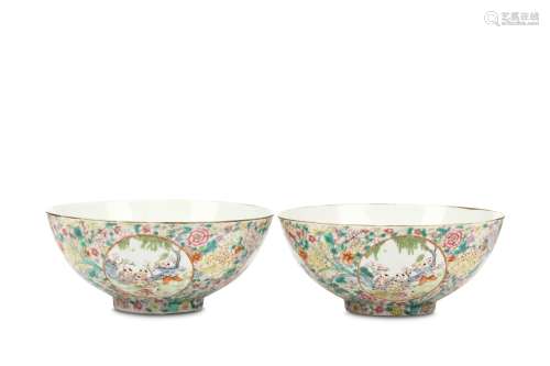 A PAIR OF CHINESE MILLEFLEUR-GROUND ‘BOYS’ BOWLS. 20th Century. Decorated with circular panels of