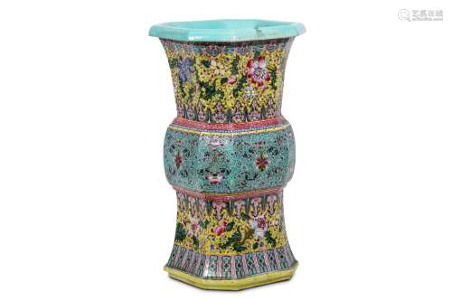 A CHINESE FAMILLE ROSE VASE, FANGGU. 20th Century. Of octagonal section with a flaring foot and