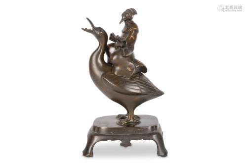 A JAPANESE BRONZE INCENSE BURNER. 19th Century. In the form of an immortal riding a duck, 25cm H. (