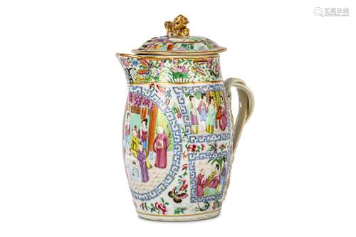 A CHINESE CANTON FAMILLE ROSE JUG AND COVER. Qing Dynasty. Decorated with circular and rectangular