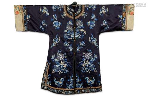 A CHINESE BLUE-GROUND EMBROIDERED SILK LADY'S ROBE. Late Qing Dynasty. Embroidered in shades of