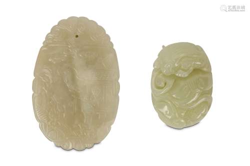 TWO CHINESE JADE CARVINGS. Comprising of an oval pendant incised with a figure fishing beneath