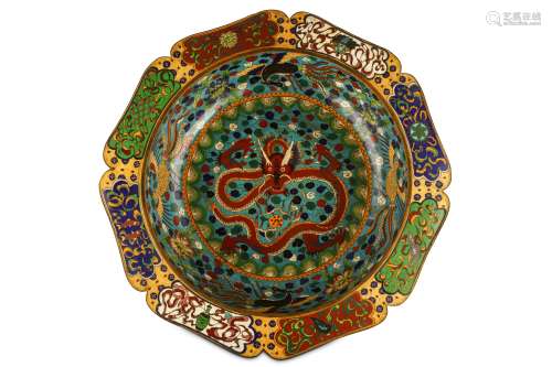 A LARGE CHINESE CLOISONNÉ ENAMEL ‘DRAGON’ BASIN. The bottom of the interior with a coiled front-