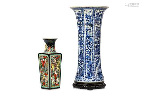 TWO PORCELAIN VASES. Qing Dynasty, Kangxi era and later. Comprising of a blue and white faceted gu