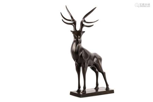 A JAPANESE BRONZE MODEL OF A STAG. 20th Century. Stylistically cast bearing seal mark, Shounsai,
