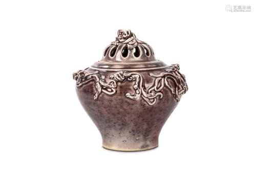 A CHINESE RED GLAZED ‘CHILONG’ CENSER AND COVER. 20th Century. Of baluster form with a domed