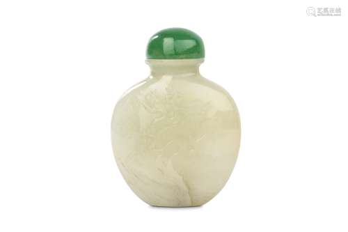 A CHINESE WHITE JADE SNUFF BOTTLE. 19th / early 20th Century. Of flattened rounded form, incised on