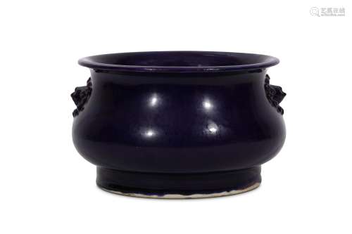 A CHINESE LARGE AUBERGINE-GLAZED CENSER. Qing Dynasty, early Kangxi era. Of blombé form set with