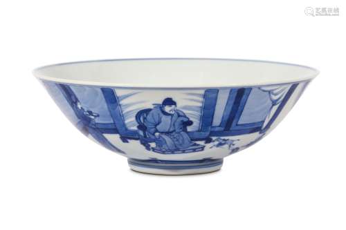 A CHINESE BLUE AND WHITE FIGURATIVE BOWL. Six character Kangxi mark to base, 17cm diameter.