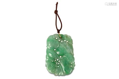 A CHINESE JADEITE ‘BATS AND PEACHES' PENDANT. Early 20th Century. Of rectangular form carved and