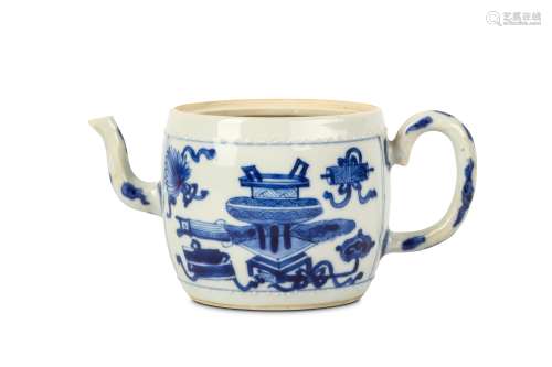 A CHINESE BLUE AND WHITE ‘HUNDRED TREASURES’ TEAPOT. Qing Dynasty, Kangxi era. Of barrel-form with