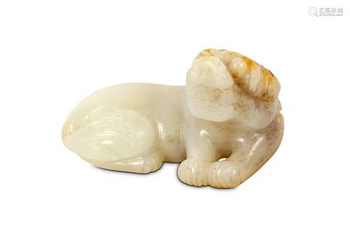 A CHINESE JADE CARVING OF A SEATED DOG. 17th Century,  or later. Seated with the legs tucked