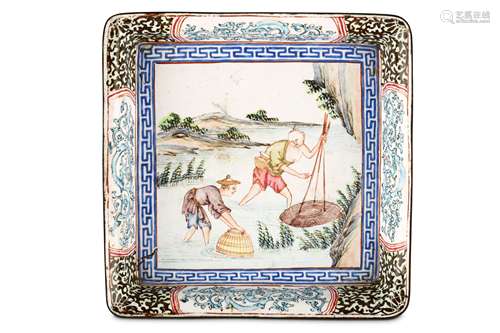 A CHINESE CANTON ENAMEL ‘FISHERMEN’ DISH Qing Dynasty, 18th Century. Of rectangular form, the