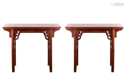 A PAIR OF CHINESE ELM WOOD ALTAR TABLES. Qing Dynasty. The top rectangular panel with cusped