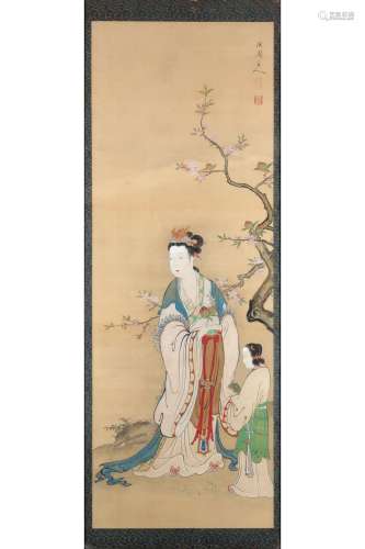 A PAINTING OF A CHINESE LADY. Attributed to Yanagizawa Kien (1705 - 1758). In ink, colour and