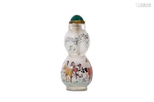 AN CHINESE INSIDE-PAINTED ‘EIGHT HORSES’ SNUFF BOTTLE. 20th Century. Of double gourd form, stopper,