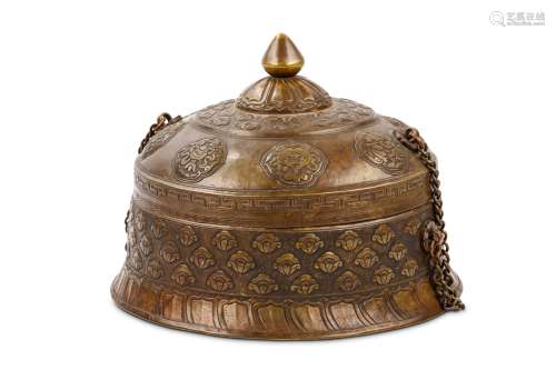 A COPPER ALLOY CIRCULAR BOX AND COVER 19th Century. The waisted body surmounted by a domed cover