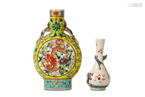 TWO CHINESE FAMILLE ROSE  'DRAGON' VASES. 19th / 20th Century. One formed as a moon-flask the other