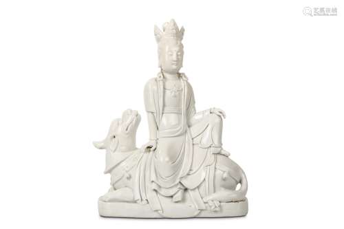 A CHINESE BLANC DE CHINE FIGURE OF A BODHISATTVA RIDING A LUDUAN. 20th century. Impressed He