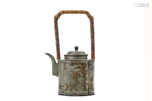 A CHINESE BRASS-INLAID PEWTER WINE POT AND COVER. Qing Dynasty, Kangxi era. Of quatrefoil form,