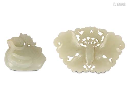 TWO CHINESE JADE CARVINGS. 19th / 20th Century. Comprising a sitting duck with a lotus flower spray