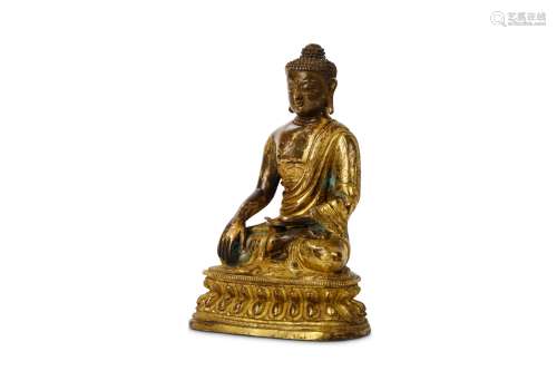 A CHINESE GILT BRONZE FIGURE OF BUDDHA. Qing Dynasty, 18th Century. Cast seated in dhyanasana on a
